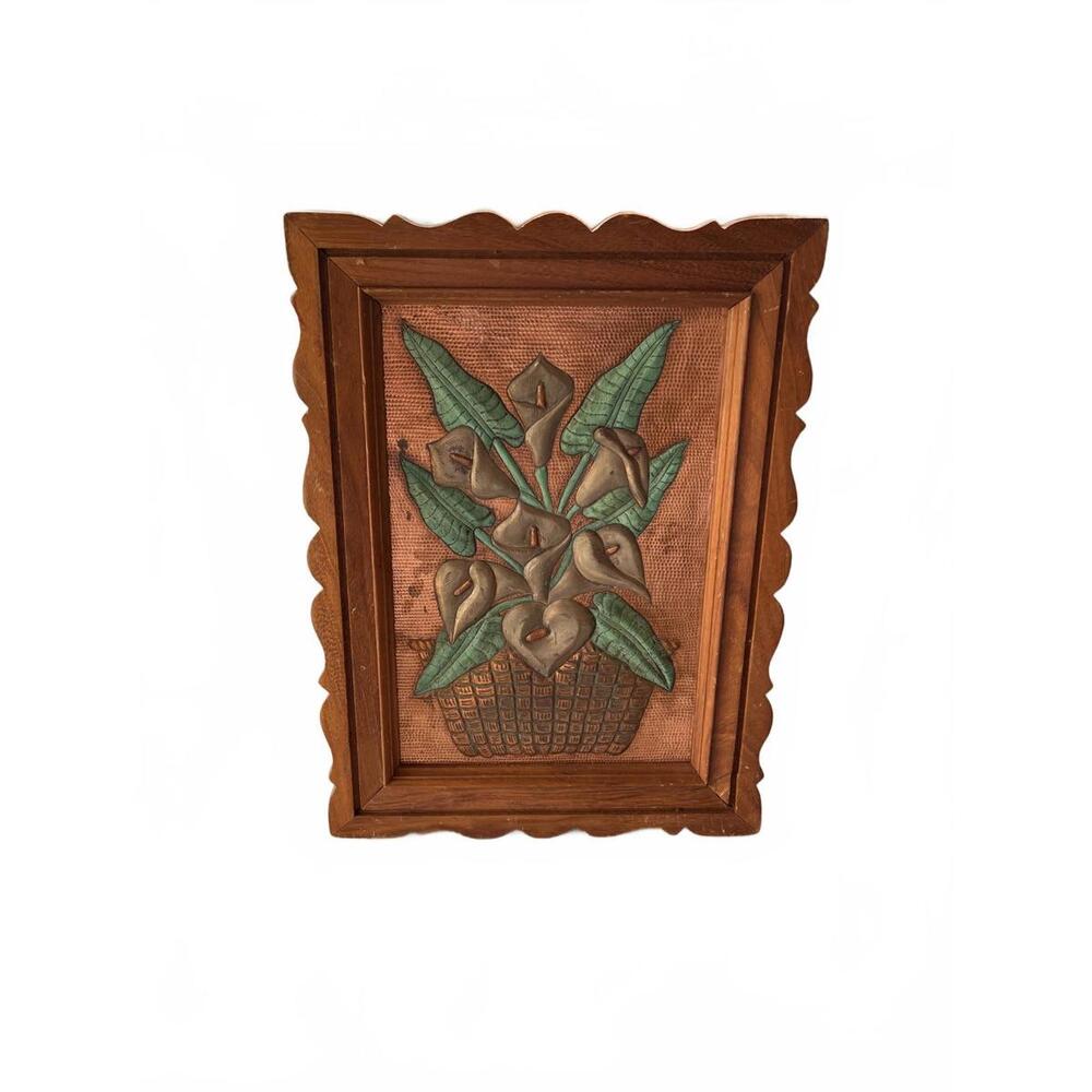 VTG Framed Copper Relief Calla Lilies 19.75 x 14.75 Hammered Embossed Art Piece